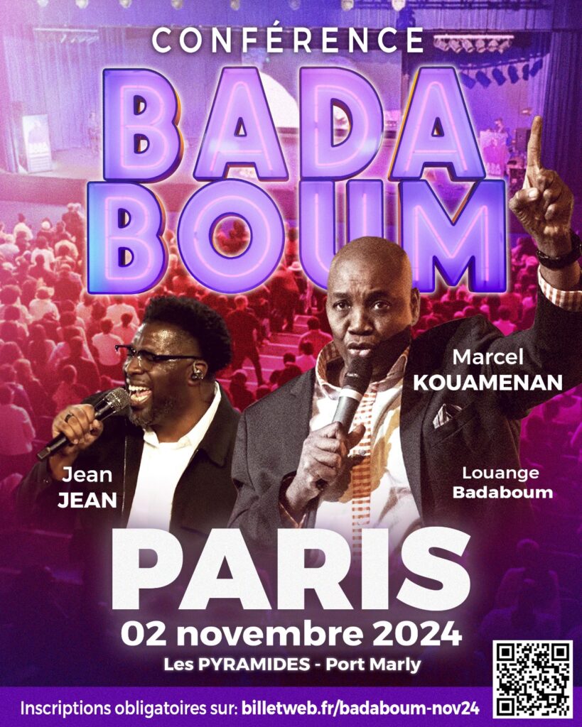 Marcel KOUAMENAN qui annonce une conférence BADABOUM le 02 novembre 2024 avec Jean JEAN